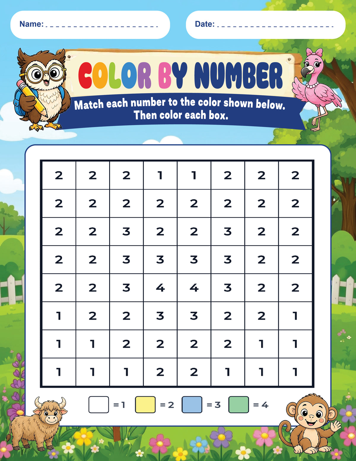 Color by Number worksheet with a numbered grid and four-color key