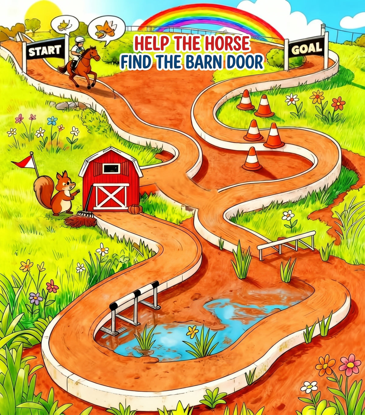 Illustrated horse maze with paths, a barn, start and goal markers