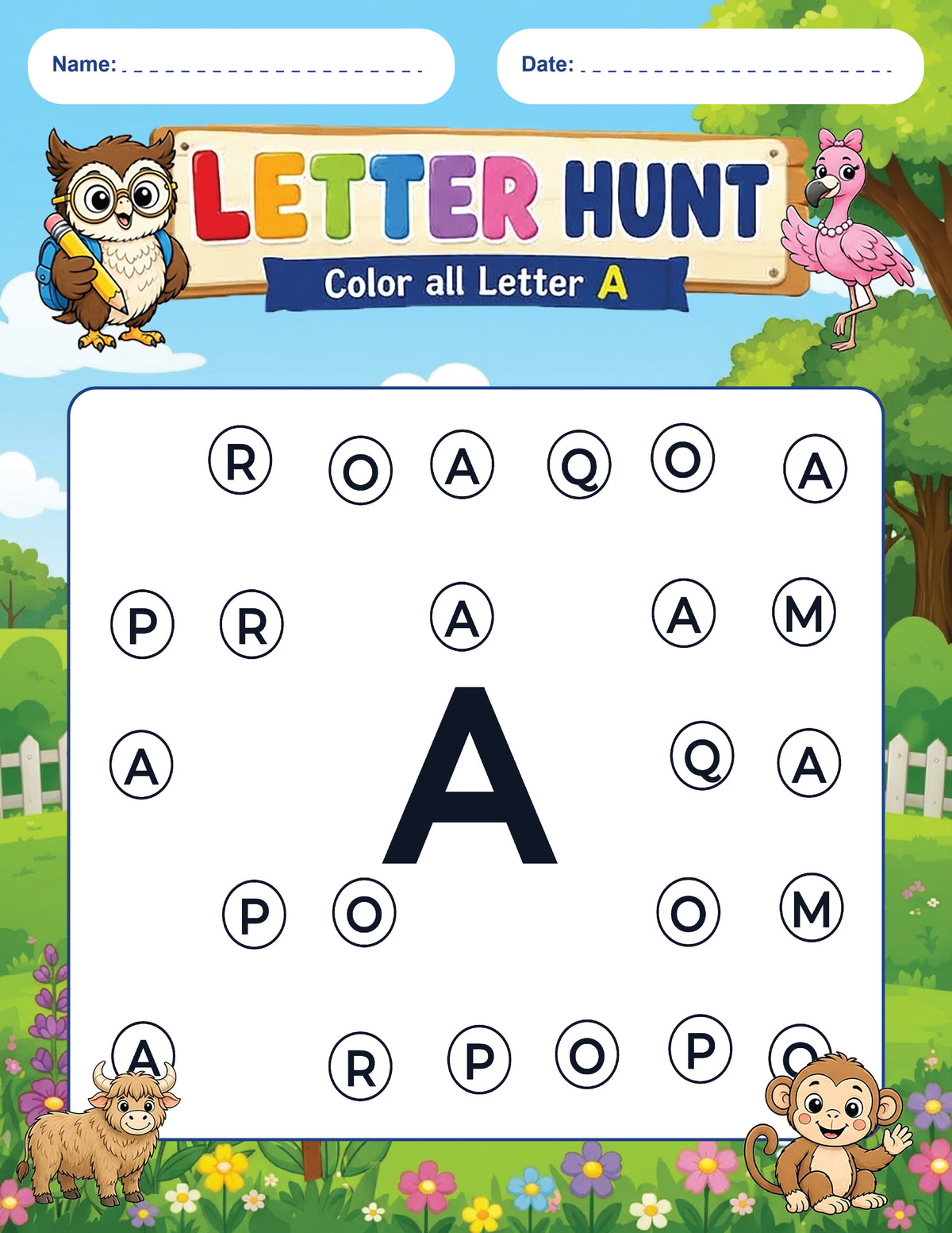 Letter Hunt worksheet asking children to color every uppercase A