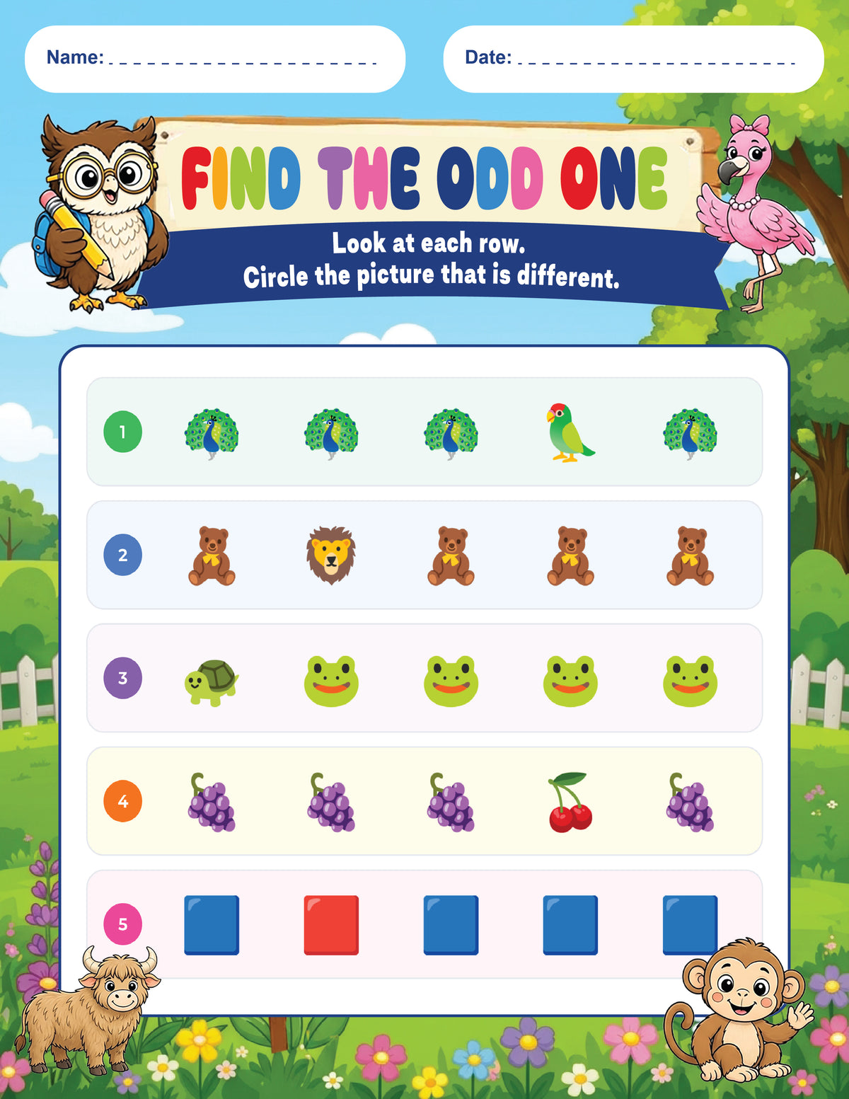 Find the Odd One early learning activity worksheet with five picture rows