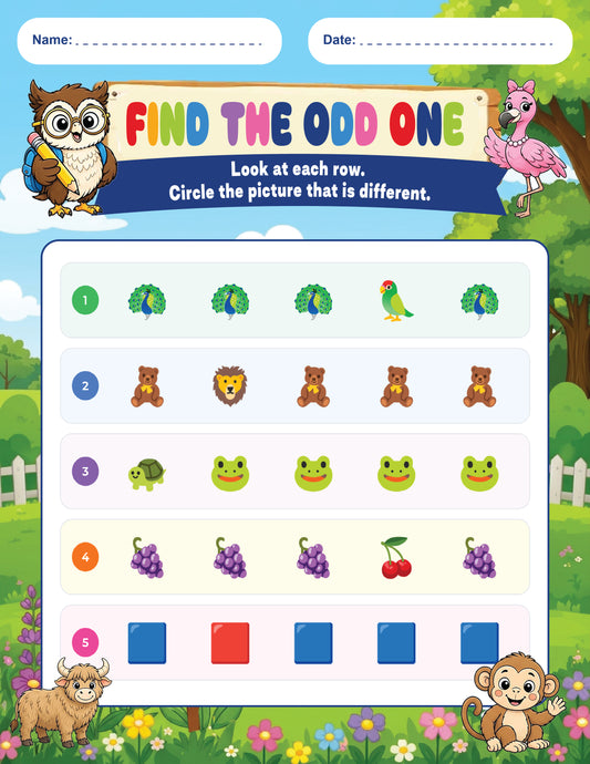 Find the Odd One early learning activity worksheet with five picture rows
