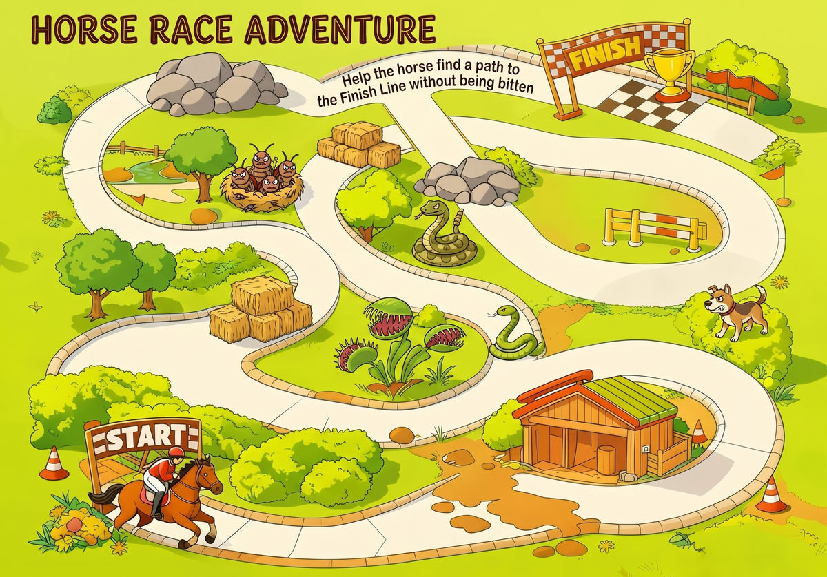 Horse Race Adventure maze with starting line, winding path and finish line