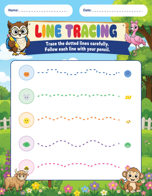 Line tracing worksheet showing five colored dotted paths