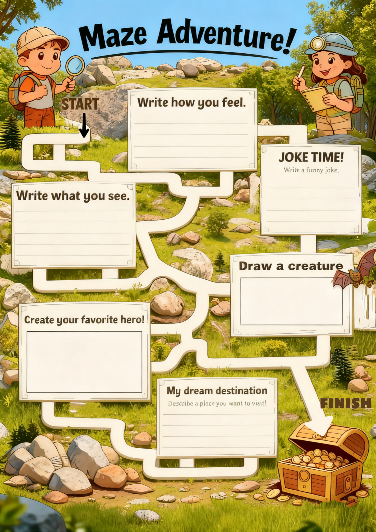 Maze Adventure activity sheet with writing prompts and a drawing box