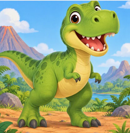 Smiling green dinosaur in a prehistoric landscape